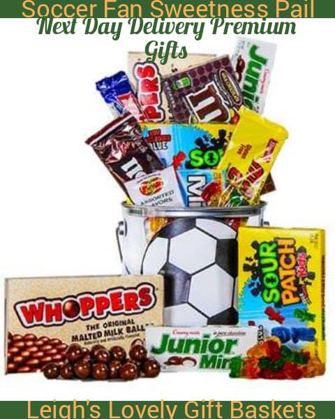Soccer Fan Sweetness Pail is decorated with a bold soccer ball graphic and filled with popular sweet treats. Perfect for soccer fans for birthday, end of soccer season, or anytime gift! 