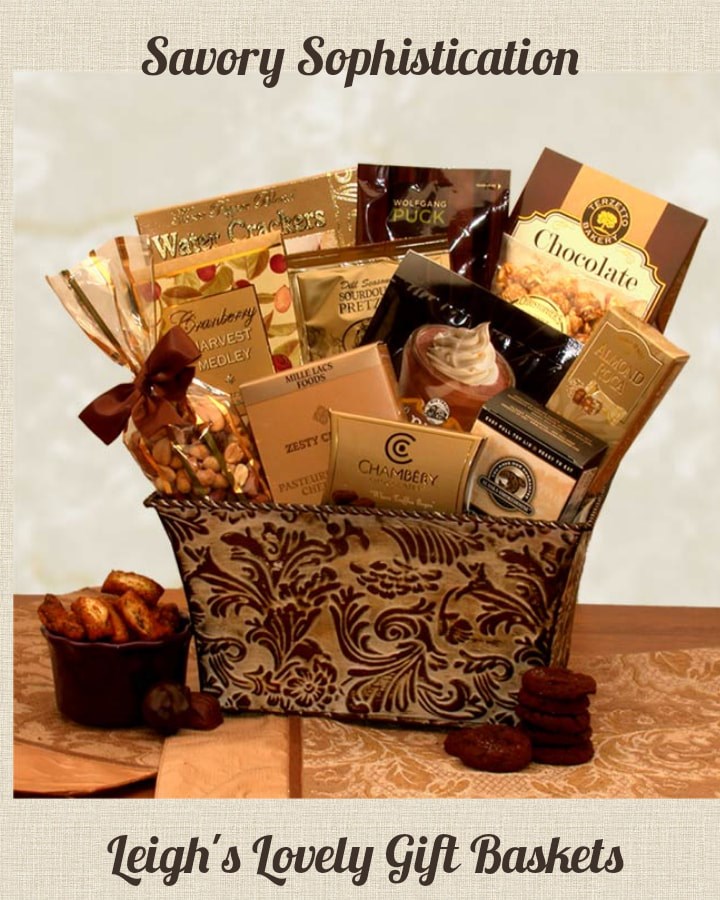 Savory Sophistication  Beautifully embossed gift tin holds a variety of delicious savory and sweet snacks and treats that is perfect for any occasion!  A great wedding gift idea as well! 