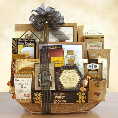 Black Tie VIP $94.99 
Gold, embossed tray basket with sheer black bow
