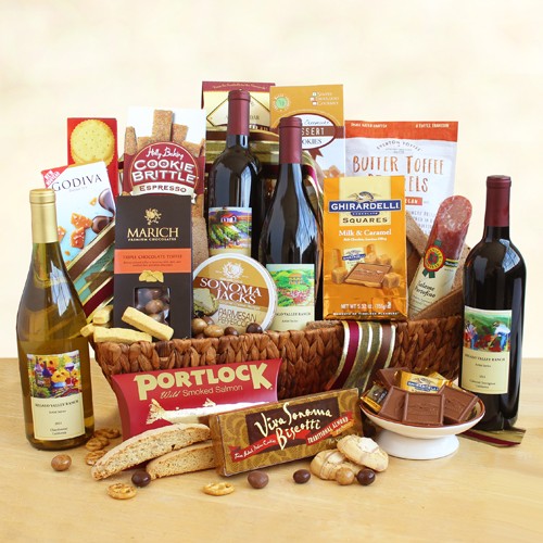 Gourmet wine gift basket with three bottles of wine, salmon, cheese, crackers, snacks and sweets! 