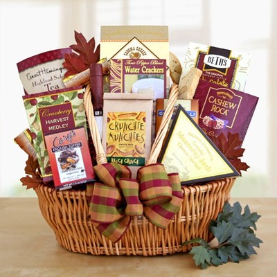 Munchies Galore wicker gift basket with purple, khaki and green bow