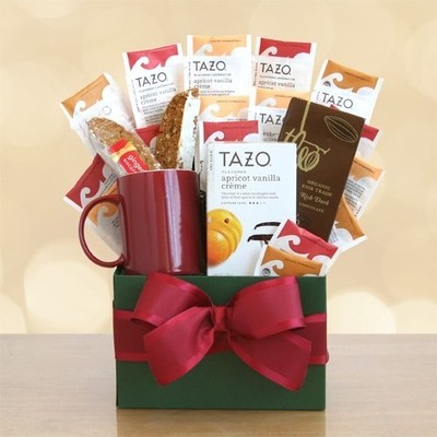 Tea lovers will enjoy this collection of TaZo Teas: Zen, Passion, Organic Chai and Earl Grey and a Theo organic chocolate bar and  2 biscotti cookies.