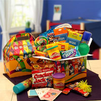 Crazy Crayons gift box is filled with 
Play-Doh,Silly String, 
Smiley face squishy stress ball, Glow in the Dark necklace or bracelet, Rice Krispy Treats, Granola bars, Fruit Snacks, Starburst fruit candies
Twirly Pop sucker and Animal cookies