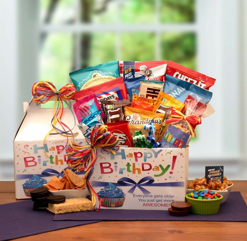White Happy Birthday gift box with blue ribbon print
