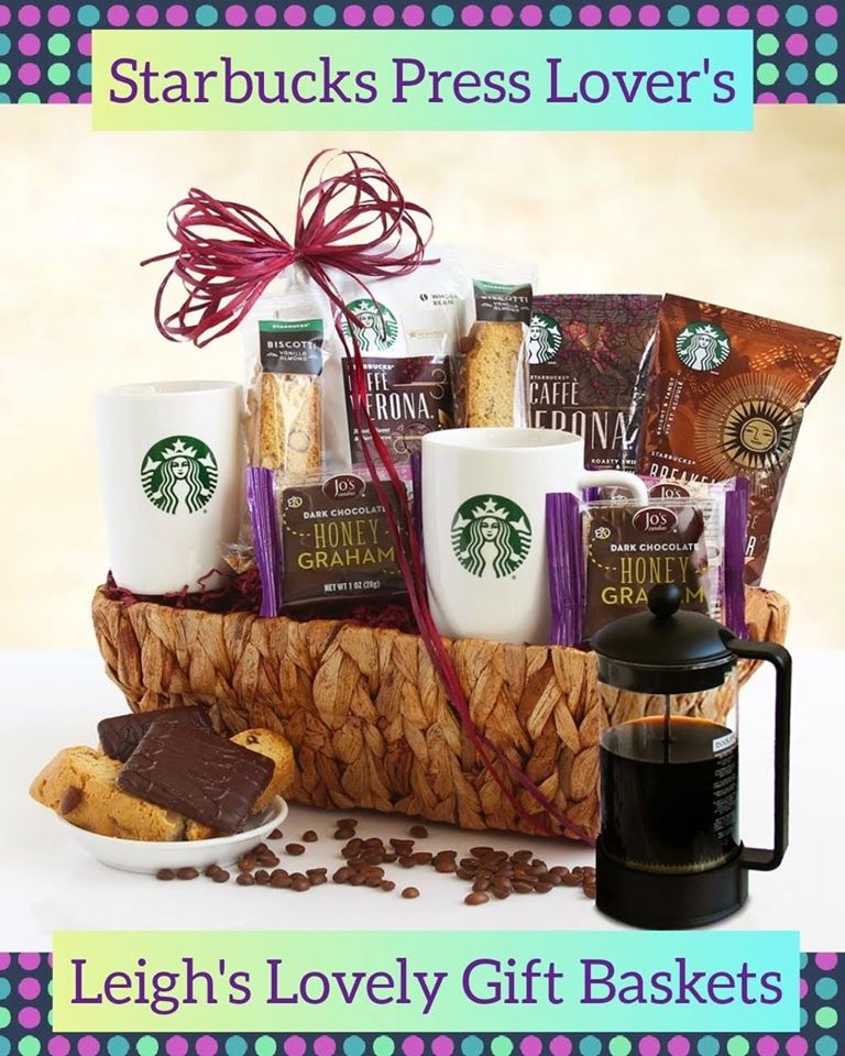Beautiful woven gift basket includes
Starbucks Mug, Assorted Starbucks Coffee Blends, Starbucks Verona Coffee, Biscotti ,Chocolate Honey Grahams, Coffee Press 