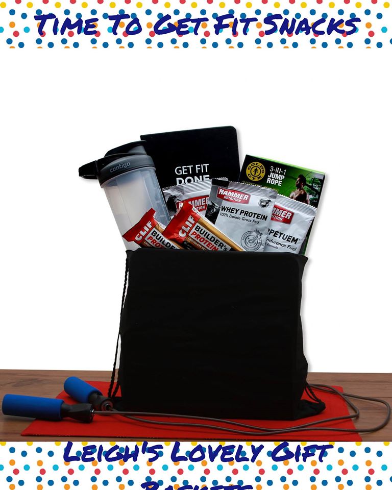 Get fit with this Canvas black drawstring backpack filled with a Blender bottle, Gold's Gym jump rope, Two Cliff protein bars, Hammerite Whey protein pack, Hammerite Perpetuem, and Hammerite Endurolyte