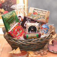 Green wicker basket holds a classic medley of savory gourmet snacks. Includes Cheddar Cheese Flavor Pretzel Dipping Sticks,
Parmesan Bruschetta Crisps Bag,
Chunky Salsa,
Monterey Nacho Chips,  Tavolare Snack Mix, 
Gourmet Treats Pistachios, Beef Salami, Chocolate Cream filled wafer cookies.
