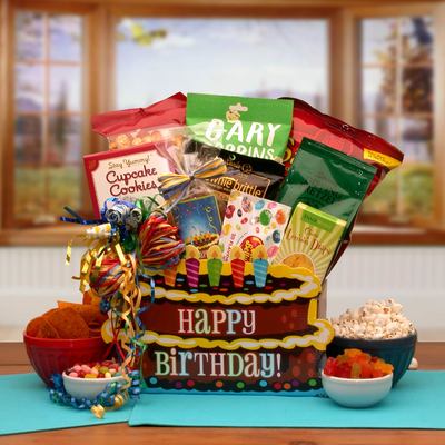 Take The Cake Gift Box . Gift Box resembles a 2 layer chocolate cake with bright colored candles, Happy Birthday frosting letters and multi-color ribbons bow. 