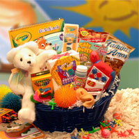 Blue wicker tray is filled with Crayola coloring and activity book, coloring book, 24 pc crayons,11" Plush white teddy bear, hand held travel game, Bubbles, Jacks and Balls, porcupine ball, and snacks
Jelly Belly jelly beans 20 flavor
Famous Amos chocolate chip cookies
Cracker Jacks caramel snacks
Bubbles
Jack and Ball

Kids Fortune cookie
Swirl Lollipop 