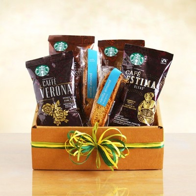 It's a Starbuck's Coffee Care Package of favorites: Starbucks Coffee: Breakfast Blend, House Blend, Caffe Verona or Sumatra and biscotti.