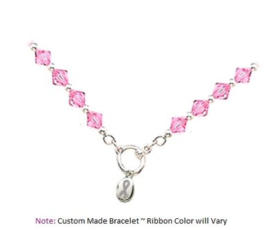 Breast Cancer Awareness ~ Pink Crystal Charm Bracelet        $49.99   Genuine Pink Swarovski Crystals, Sterling Silver Beads, Sterling Silver Toggle closure and a
FREE Sterling Silver Ribbon charm.
