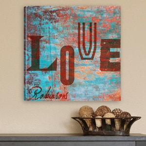 Square canvas with distressed look background  of muted complimentary colors. LOVE is made with varied text styles and has a modern, yet timeless appeal. 