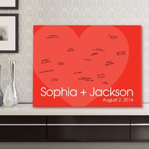 Eye catching red canvas with couples names and event date in striking white text couple's first names and Guests can sign the canvas, making it a memorable wall canvas for the couple's home! 