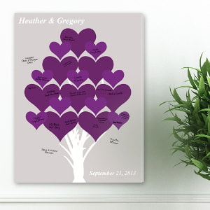 Purple hearts on a white truck against a gray background create a striking contrast ! Couples names and event date personalization  make this canvas a keepsake to display around the couple's home. 