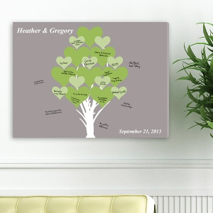 This Guest Signature canvas features a tree blooming with hearts set against a gray background. Couples names and event date are tucked in the upper and lower corners to allow room for guest signatures. 