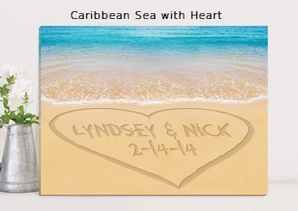 Caribbean Canvas Print $69.99  Beautiful seashore print with couples names and date. Available with or without heart. 