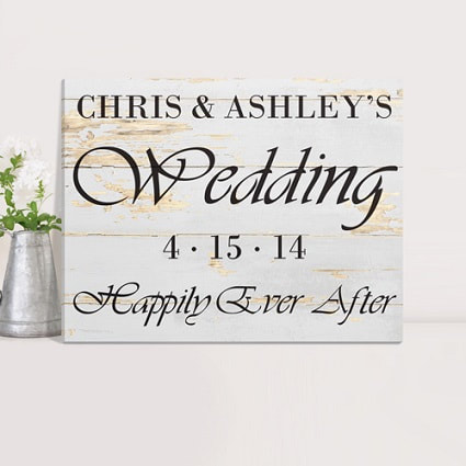 Wedding Reception sign offers timeless appeal with white washed board look is personalized with couples names and wedding date. 