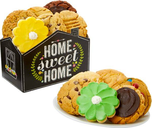 Welcome them to their new home with this chalkboard designed house box filled with one dozen cookies. Ten are assorted gourmet and two are iced butter cookies in the shape of flowers. 