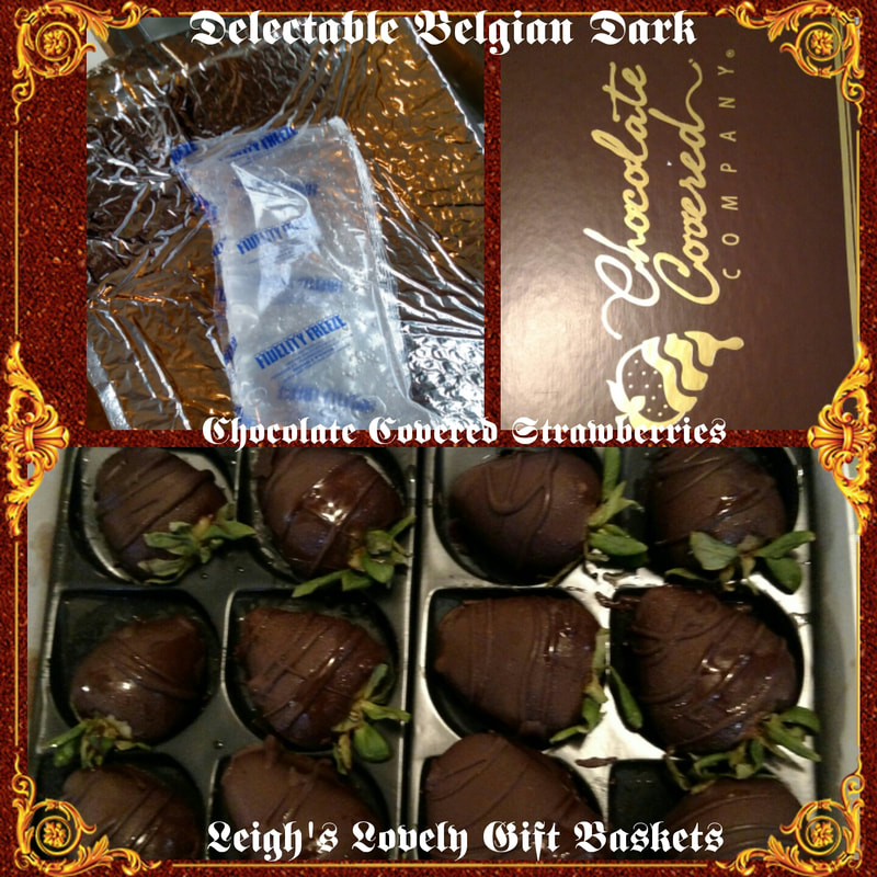 Actual photo of gift box with twelve dark chocolate covered strawberries