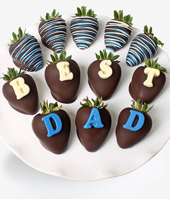 One Dozen Fresh Strawberries dipped in Belgian Chocolate with edible chocolate letters and blue swirl decorations. Shipped  in a 
reusable cooler with Next Day Delivery Service