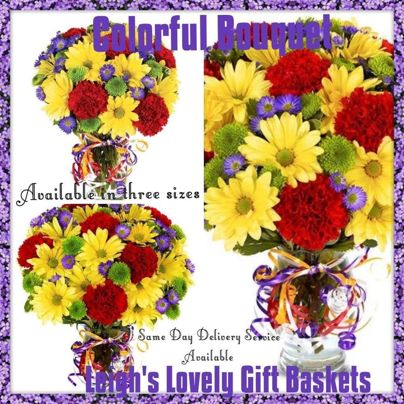 The Colorful Bouquet is a classic bouquet available in three sizes: Small, Deluxe and Premium. All three options are hand arranged and delivered by a local, network florist with Same Day Delivery Service.  This colorful bouquet includes Red Carnations,  Yellow Daisies, Purple Monte Casino and Green Button Poms arranged 
in a clear glass vase  with Rainbow Ribbons. Order Monday -Friday before 10 am EST for Same Day Delivery Service or schedule ahead. 