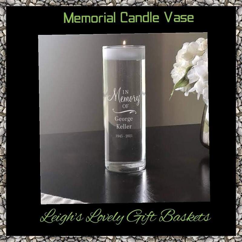 Memorial Candle Vase with free engraving. Glass Candle Vase measures 10" tall x 3.4" Diameter. Round glass cylinder with a white floating votive candle will burn for approximately 10 hours
Fill with water only or with water and colored stones, marbles, flower petals, or other decorative items for added décor
Hand Wash
