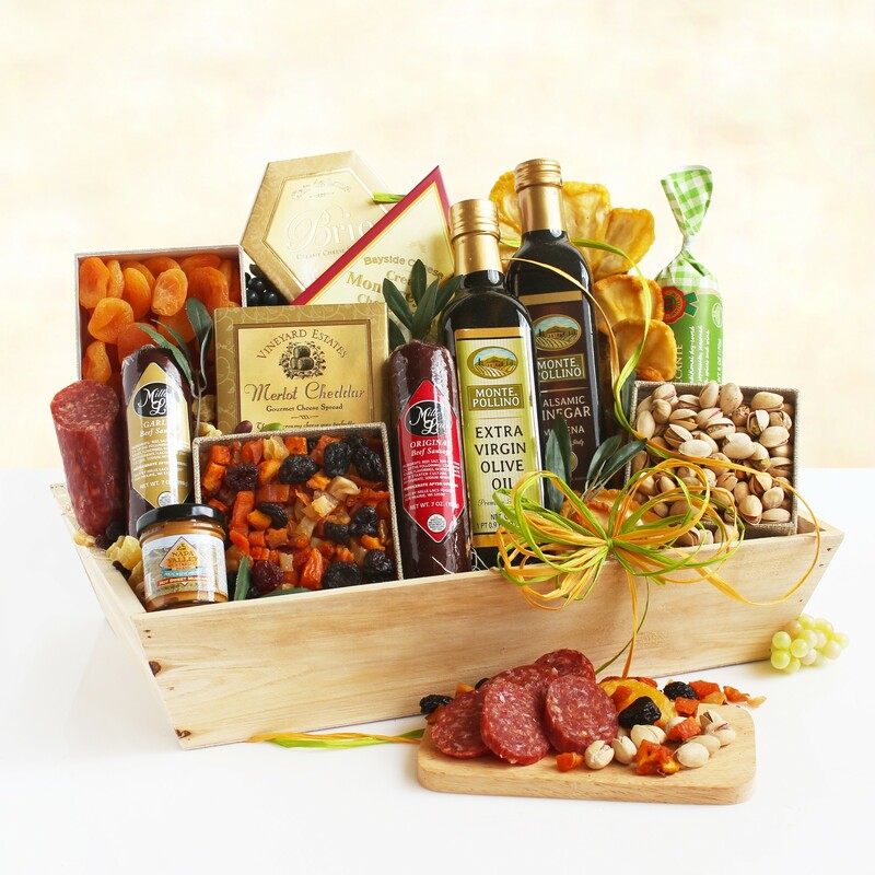 Ultimate Meat and Cheese  $96.99 
Natural wooden gift crate filled with a variety of cheese,sausage, nuts, dried fruit and seasonings.