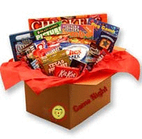 Family Game Night Care Package with Checkers,Peg Board Game,Maze and puzzle book,
Jumbo word search,
Texas Hold 'em poker set,Playing cards,Travel game set,Pick up sticks and a variety of snacks and sweets