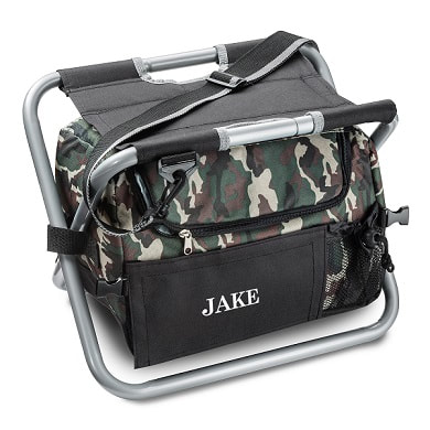 Camouflage print folding stool with cooler bag and carrying strap