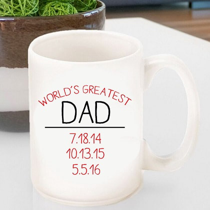 World's Greatest Dad ceramic mug with up to three children's birthdates and 20 ink colors