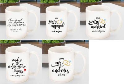 Personalized Couple Coffee Mugs with We're Engaged or We're Married