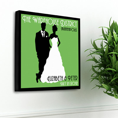  Bride and groom silhouette figures  are the centerpiece of this print against dynamic color background. Personalized with couples names, date and event details, this framed 14 x 14 print can be displayed at the reception and then hung in the couples new home! 