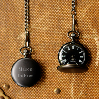 Midnight Pocket Watch  $34.99   Classy  pocket watch with black finish, black face, white Roman numerals, quartz movement and a secure, 14" removable chain.  Personalize with three lines up to 10 characters each. 
