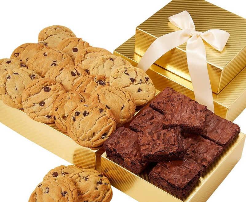 
Gluten Free Golden Elegance Bakery Duo  $68.99 Golden foil bakery box filled with Gluten Free chocolate chip cookies and fudge brownies! 