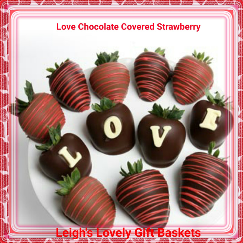 Declare your love with these luscious strawberries dipped in Milk and Dark Belgian Chocolate. Four spell out LOVE and eight are decorated with red or pink drizzle decor. Next Day Delivery Service AvailaClick here to connect to Leigh's online gift boutique. 
Select Chocolate Covered Treats from the Shop Menu