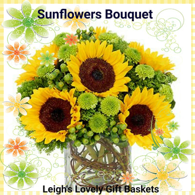 Sunflowers Bouquet will brighten anyone's day with Sunflowers accented by Green Hypericum and arranged in a  Clear glass Cube Vase. Same Day Delivery Service available. 