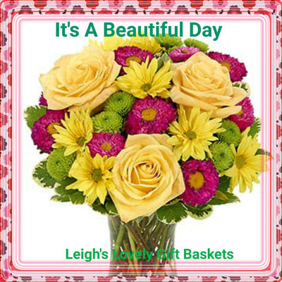 It's A Beautiful Day Bouquet will brighten spirits with  Yellow Roses,Hot Pink Matsumoto Asters,Yellow Daisies and Green Button Poms arranged in a clear glass vase. Same Day Delivery Service  