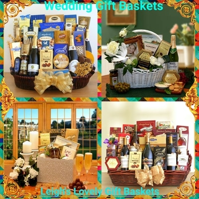 Wedding Gift Baskets offer wine and gourmet snacks or everything romantic for the new couple. Click on this banner to connect to my gift boutique, choose Gift Baskets from the menu, then Gift Baskets/ Box Towers
