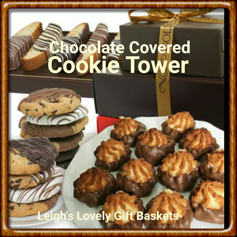 Delectable gift tower includes 12 chocolate covered cookies, 12 medium-sized biscotti and 12 coconut macaroons. Each are hand-dipped in a Belgian chocolate and packed in elegant boxes to form the perfect gift tower. Next Day Delivery Service is available