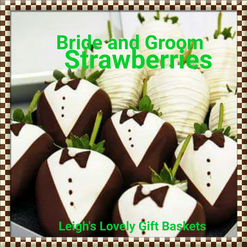Luscious strawberries dipped in white Belgian Chocolate with Brides dress detail and white and milk chocolate for the Groom's dress shirt, vest and bow tie. Next Day Delivery Service available