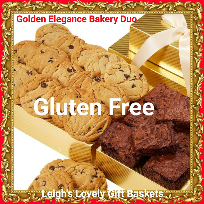 Gluten Free Golden Elegance Bakery Duo  

Gluten sensitive doesn't mean you have to sacrifice flavor. These beautiful boxes are layered together with eighteen gluten free chocolate chip cookies and eight moist and chewy gluten free brownies.
