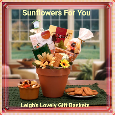 Sunflowers For You. 7 inch clay pot with snacks and minature tools and birdhouse. 
