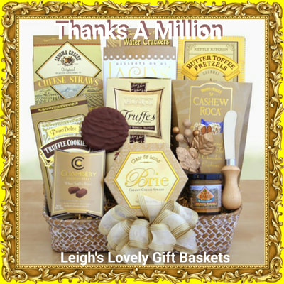 White woven gift basket tray holds a gourmet selection of : Cashew Roca, chocolate truffle cookies, Jacquot and chocolate raspberry truffles, cheese straws, chocolate truffle and wafer  cookies, cheese, water crackers,  Napa Valley mini mustard, butter toffee pretzels and a cheese knife. 
