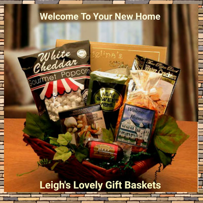 Welcome To Your New Home gift basket . Dark willow tray style basket filled with a medley of welcoming snacks, coffee and sweets! 