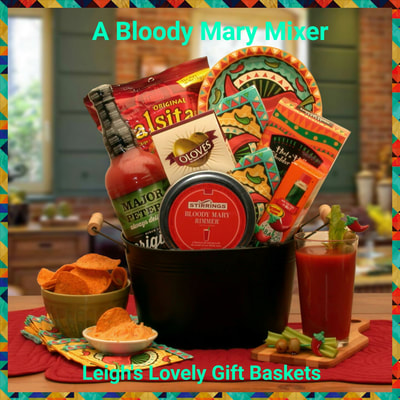 Black metal tub is filled with Bloody Mary mix, condiments and savory snacks! 