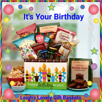 Happy Birthday gift box is filled with delicious snacks and topped with a handmade bow. 