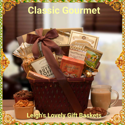 Brown wood chip gift basket with brown ribbon sash and personalized message card included. 
