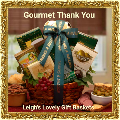 Natural sea grass gift basket with dark green bow printed with Thanks A  Million.  Meat, cheese, nuts and sweets are so satisfying! 