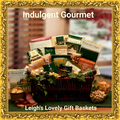 Dark stained willow tray basket with handmade bow is overflowing with gourmet treats for any occasion! 