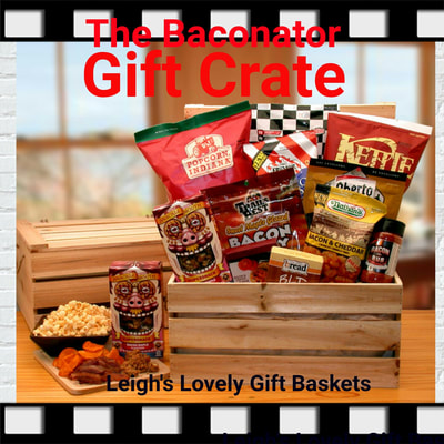 Pine gift crate is filled with delicious bacon themed snacks. 